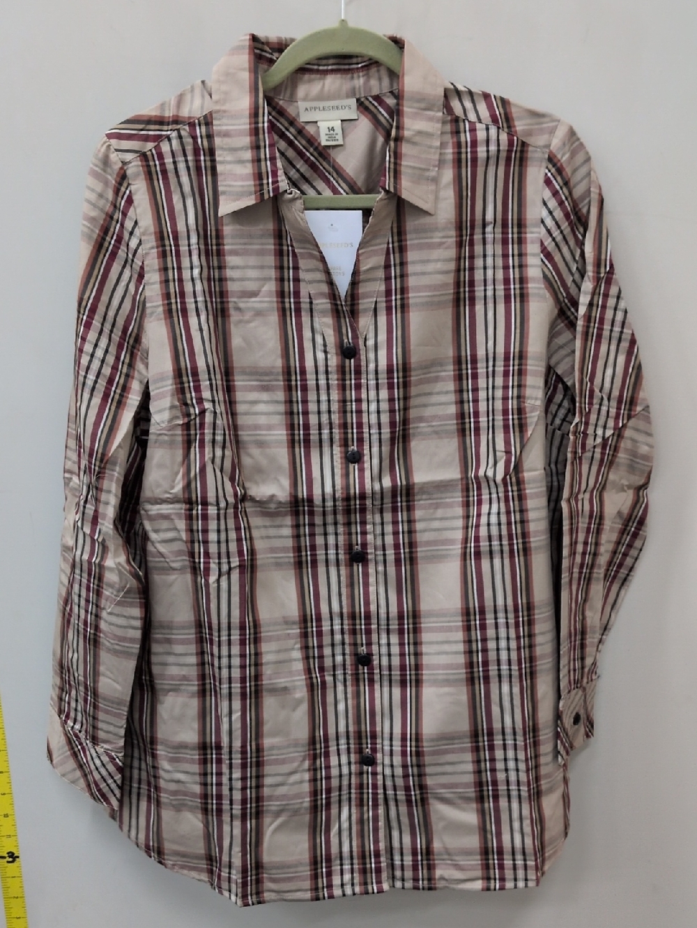 Appleseed's Beige Plaid Button-Down Shirt with Burgundy Stripes.